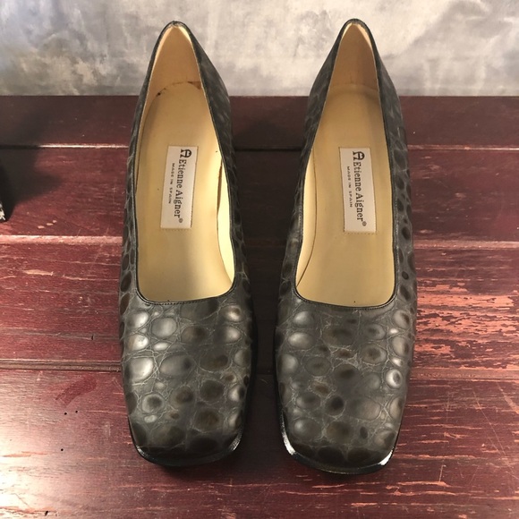 Etienne Aigner Leather Crocodile Print Brown/Grey Block Heels Size 9.5 - Picture 4 of 11